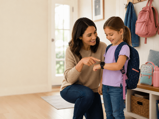 Parent helping a young child wear a kids smart watch before school